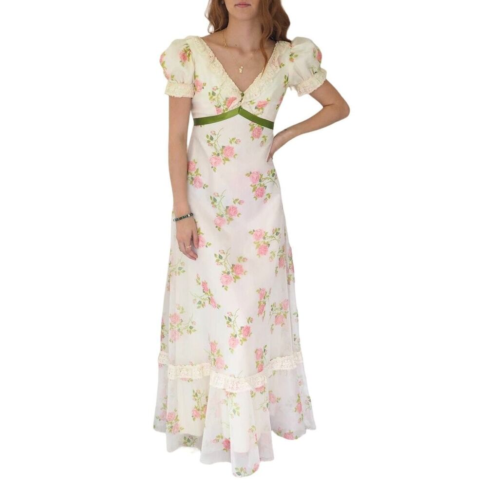 Vintage 70s Formal‎ Dress Ivory and Pink Floral Maxi Puffy Sleeves Size XS